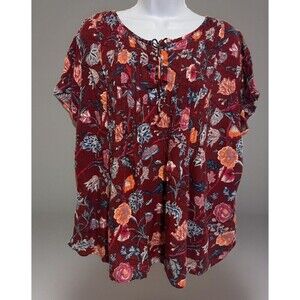 Lucky Brand (1X) Floral Print Lace Up Blouse Burgundy Flutter Western Bohemian